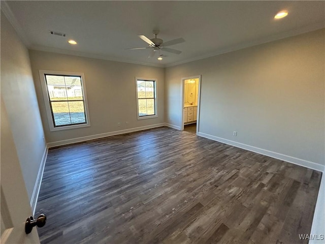 13761 Blackoak Dr, Northport, AL 35475 - spare room featuring ornamental molding, a ceiling fan, dark wood-type flooring, baseboards, and recessed lighting