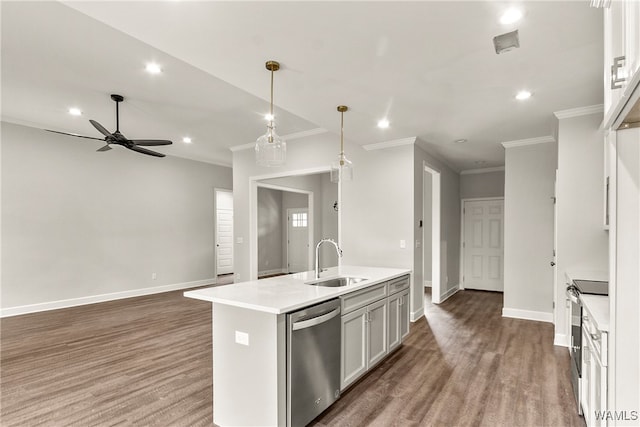 kitchen with a kitchen island with sink, pendant lighting, dishwasher, dark hardwood / wood-style floors, and white cabinetry