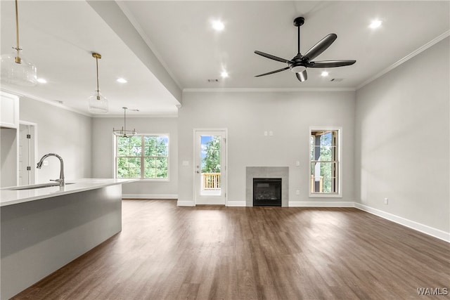 unfurnished living room featuring ornamental molding, dark hardwood / wood-style flooring, a healthy amount of sunlight, and sink