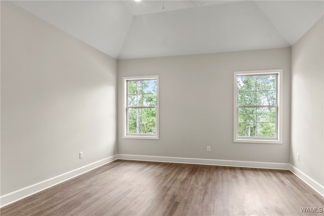 spare room featuring a wealth of natural light, vaulted ceiling, and hardwood / wood-style flooring