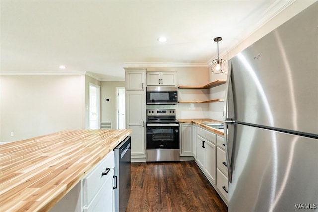 kitchen featuring wood counters, open shelves, crown molding, appliances with stainless steel finishes, and dark wood-style floors