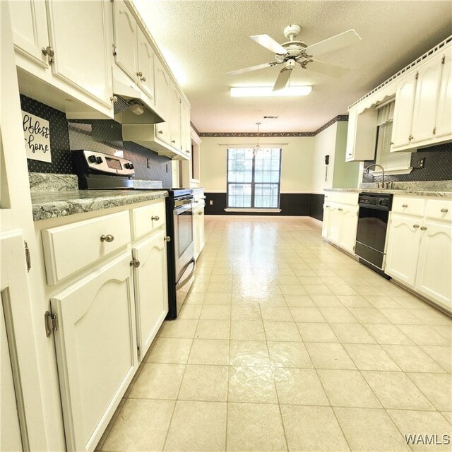 kitchen with electric range, ceiling fan, black dishwasher, tasteful backsplash, and light stone counters