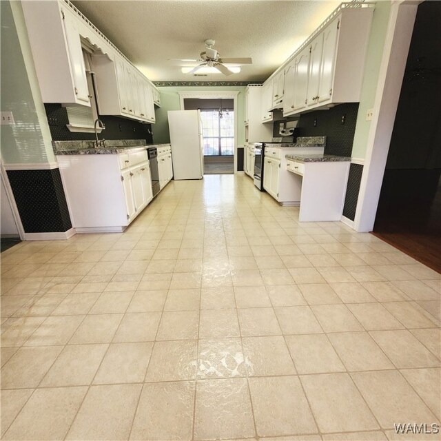 kitchen with white cabinets, electric range, ceiling fan, black dishwasher, and white fridge