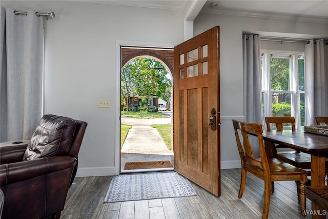 entryway featuring dark hardwood / wood-style floors, a wealth of natural light, and crown molding