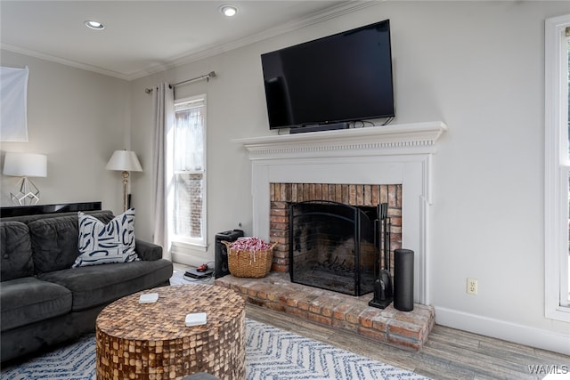 living room with a fireplace, crown molding, plenty of natural light, and wood-type flooring