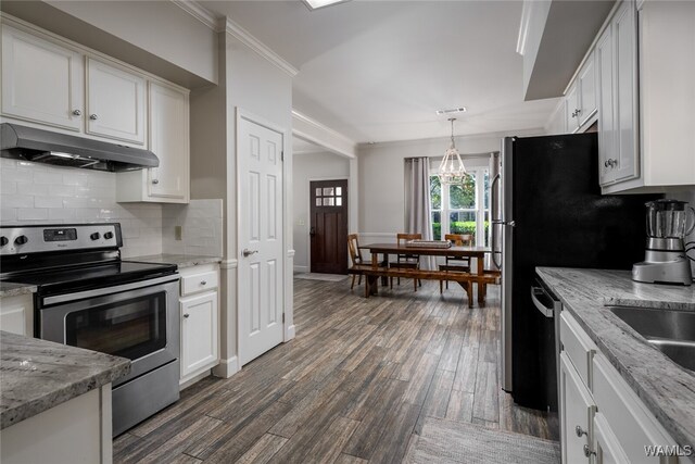 kitchen featuring pendant lighting, stainless steel electric range, dark wood-type flooring, light stone countertops, and white cabinetry