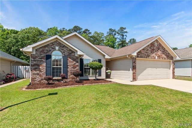 ranch-style house with driveway, a front yard, roof with shingles, brick siding, and an attached garage