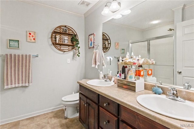 bathroom with visible vents, a sink, double vanity, and a shower stall