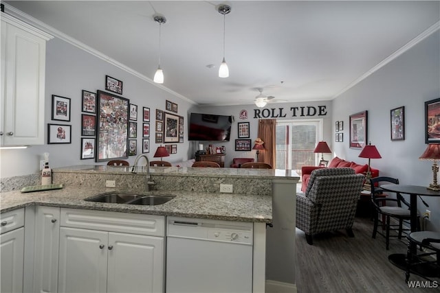 712 Frank Thomas Ave Unit 303, Tuscaloosa, AL 35401 - kitchen featuring dishwasher, a sink, open floor plan, ornamental molding, and a peninsula