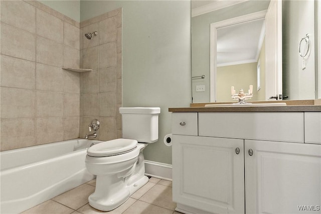 full bathroom featuring tiled shower / bath combo, tile patterned flooring, toilet, vanity, and ornamental molding