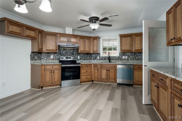 4205 Cloverdale Est, Northport, AL 35473 - kitchen featuring appliances with stainless steel finishes, under cabinet range hood, brown cabinets, and crown molding