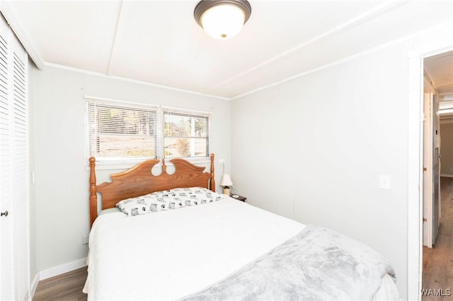 bedroom with crown molding, a closet, and hardwood / wood-style flooring