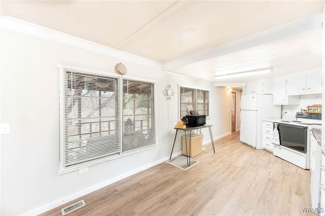 kitchen featuring white cabinets, light wood-type flooring, white appliances, and ornamental molding