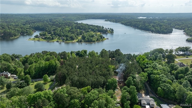 bird's eye view featuring a view of trees and a water view