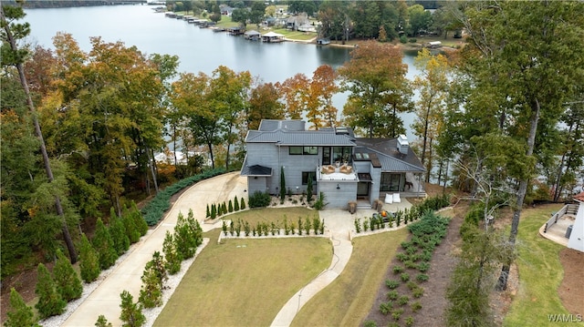 drone / aerial view featuring a water view