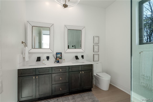 bathroom with hardwood / wood-style floors, vanity, and toilet