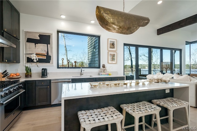 kitchen featuring sink, plenty of natural light, hanging light fixtures, and appliances with stainless steel finishes