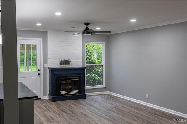 unfurnished living room featuring crown molding, recessed lighting, ceiling fan, and wood finished floors