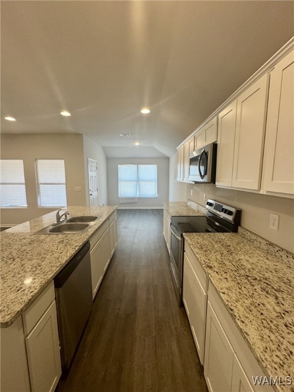 kitchen featuring lofted ceiling, dark wood finished floors, a sink, light stone counters, and appliances with stainless steel finishes