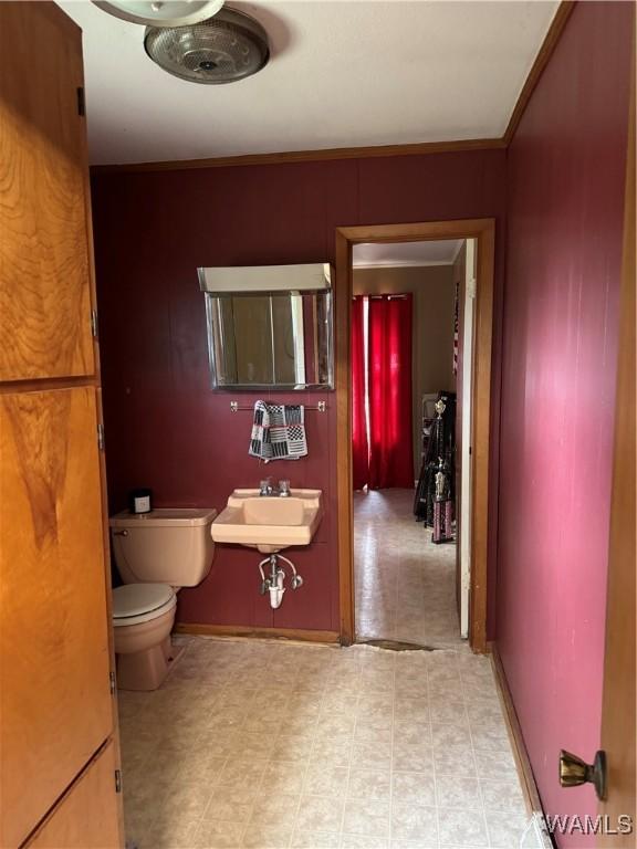 bathroom featuring sink, ornamental molding, and toilet