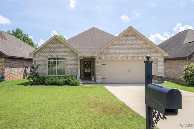 view of front of home with driveway, a garage, brick siding, a front lawn, and a shingled roof
