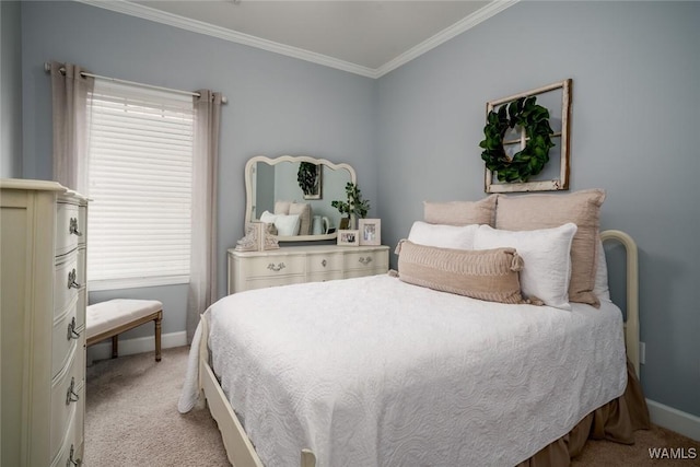 bedroom with crown molding, baseboards, and light colored carpet