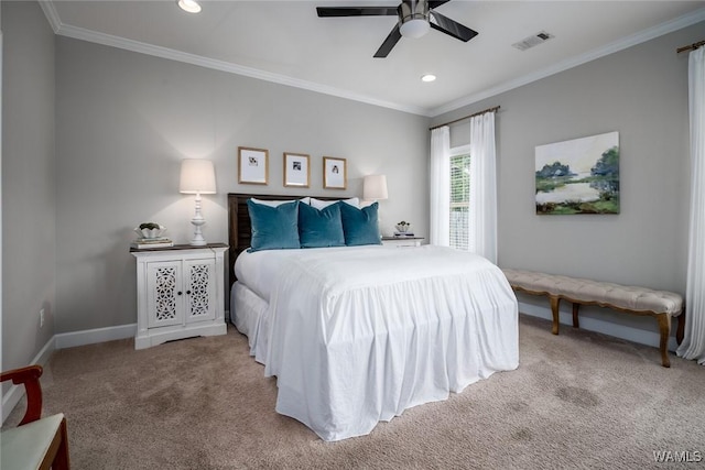 carpeted bedroom featuring baseboards, ornamental molding, recessed lighting, and visible vents