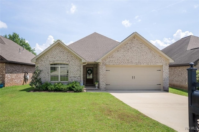 view of front of home with a shingled roof, a front lawn, brick siding, a garage, and concrete driveway