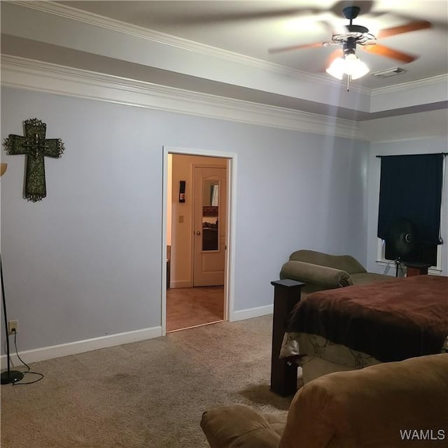 13712 Tab Dr, Northport, AL 35475 - bedroom featuring carpet floors, ornamental molding, baseboards, and a ceiling fan