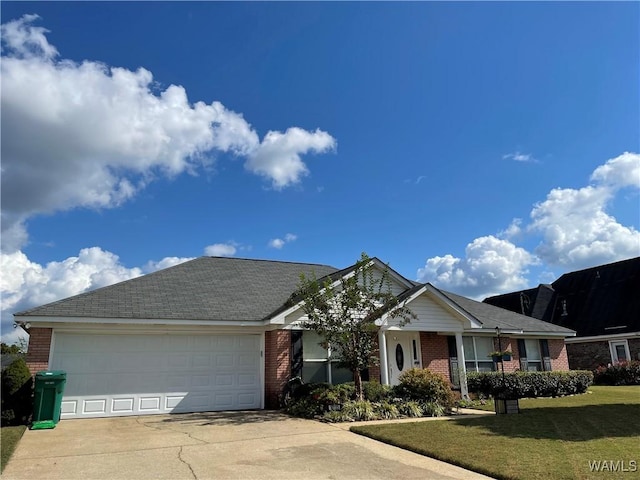 ranch-style house featuring an attached garage, a front lawn, concrete driveway, and brick siding