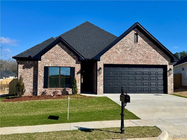 view of front of property featuring an attached garage, roof with shingles, a front yard, and brick siding