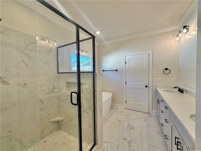 bathroom with vanity, ornamental molding, and independent shower and bath