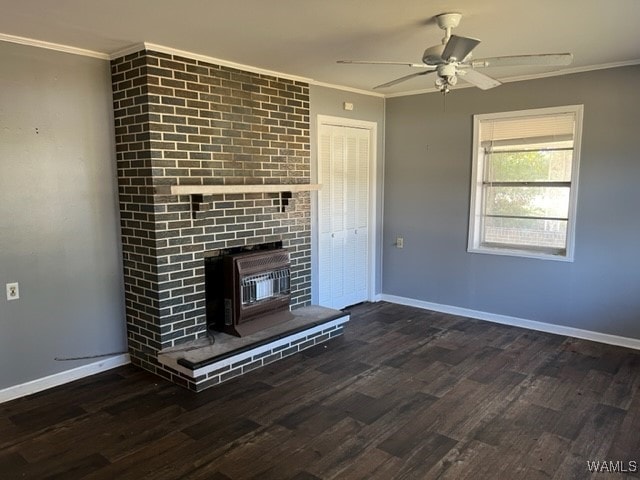 unfurnished living room with ceiling fan, dark hardwood / wood-style flooring, and ornamental molding