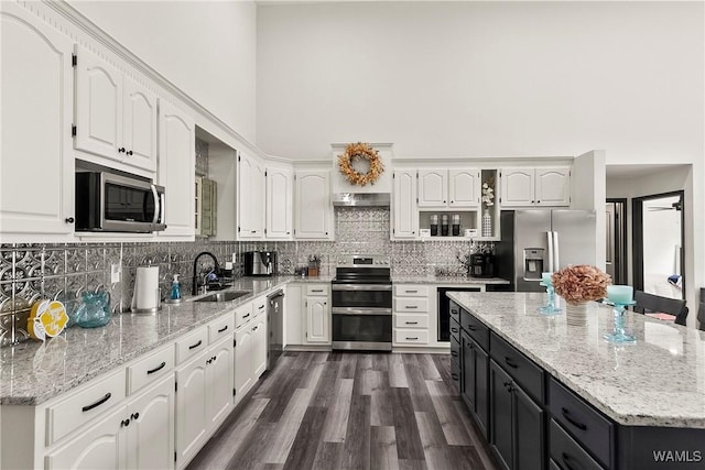 kitchen with tasteful backsplash, stainless steel appliances, dark cabinetry, white cabinetry, and a sink