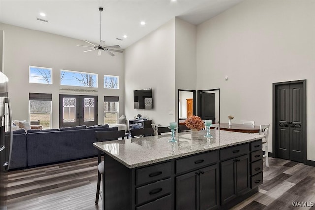 kitchen with light stone counters, dark wood-type flooring, a kitchen island, open floor plan, and french doors