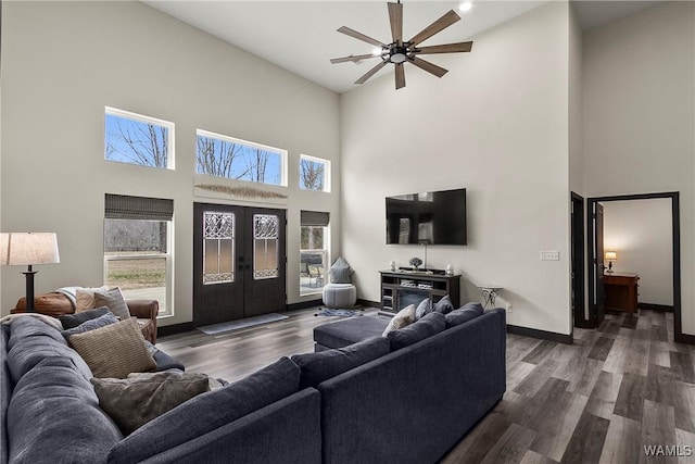 living area with french doors, dark wood finished floors, and a healthy amount of sunlight