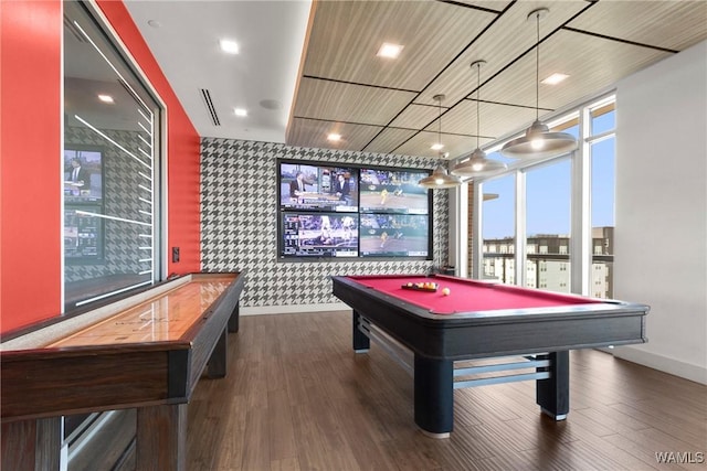 game room with wooden ceiling, dark hardwood / wood-style flooring, and billiards