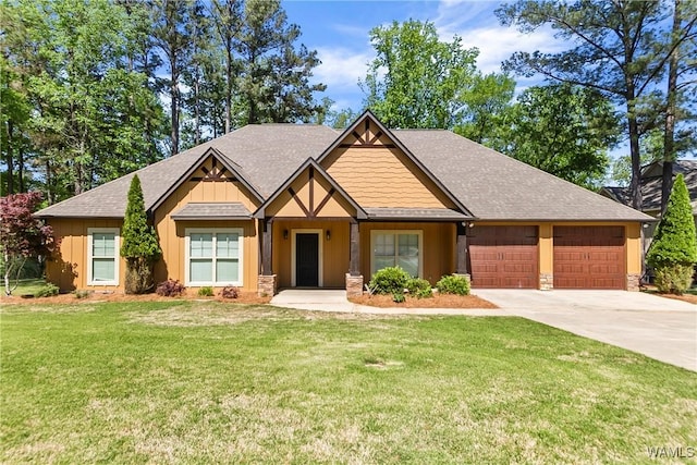 craftsman house featuring a shingled roof, a garage, board and batten siding, concrete driveway, and a front lawn
