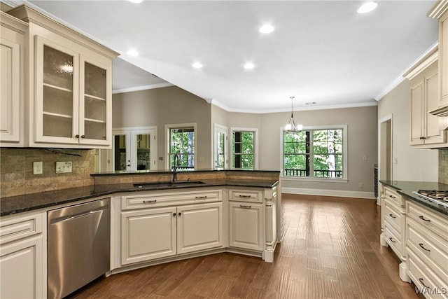 kitchen featuring appliances with stainless steel finishes, glass insert cabinets, backsplash, dark wood finished floors, and a sink