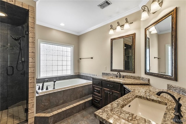 bathroom featuring a sink, visible vents, a bath, and ornamental molding