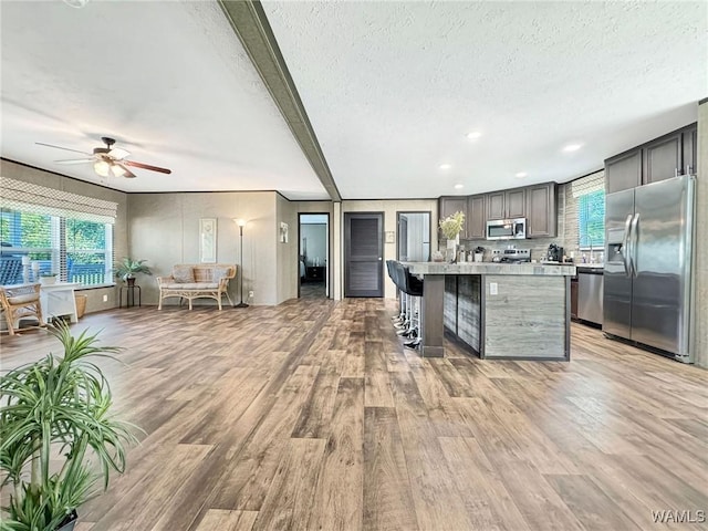 234 Broad Leaf Cir, Moundville, AL 35474 - kitchen with stainless steel appliances, light wood-style floors, light countertops, a textured ceiling, and a ceiling fan