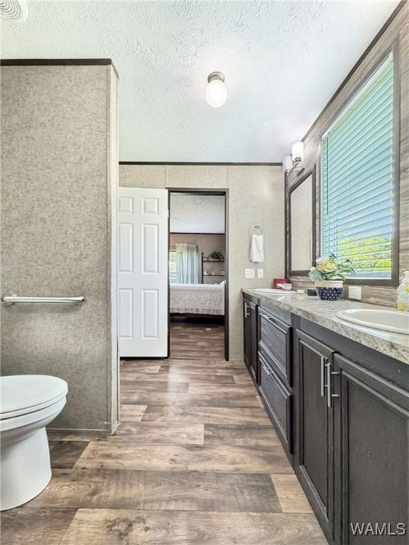 234 Broad Leaf Cir, Moundville, AL 35474 - full bathroom with wood finished floors, double vanity, ensuite bath, toilet, and a textured ceiling