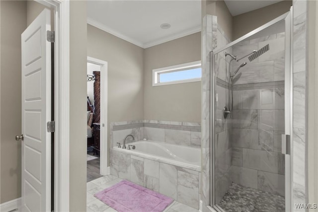 bathroom featuring independent shower and bath and ornamental molding