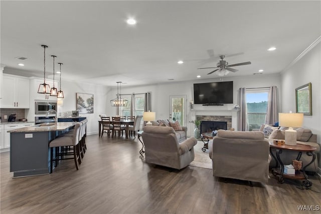 living room with ceiling fan, dark hardwood / wood-style floors, crown molding, and a stone fireplace