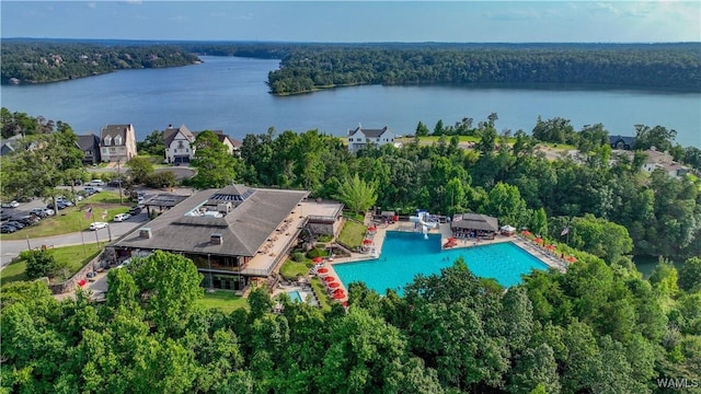 bird's eye view featuring a forest view and a water view