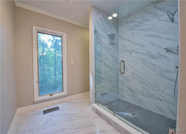 full bathroom featuring visible vents, marble finish floor, ornamental molding, a marble finish shower, and baseboards