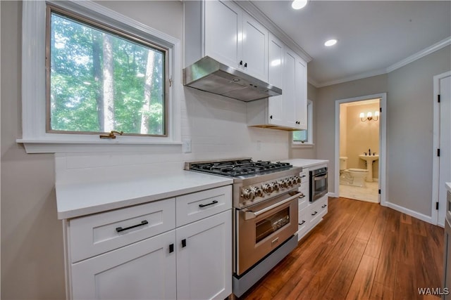 kitchen with light countertops, under cabinet range hood, appliances with stainless steel finishes, white cabinetry, and crown molding