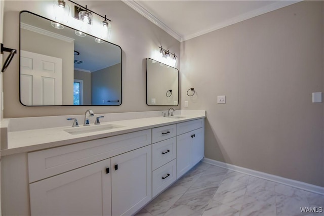 bathroom with a sink, marble finish floor, and crown molding