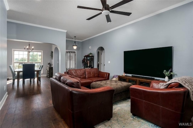 living room with ceiling fan with notable chandelier, arched walkways, ornamental molding, and wood-type flooring