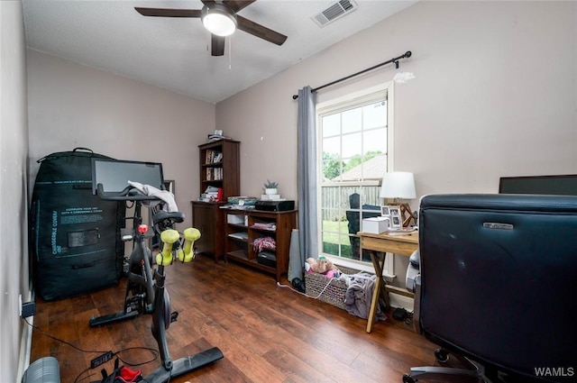 office with wood finished floors, visible vents, and a ceiling fan